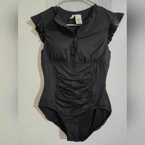 Anne Cole Black Zip-Front Ruffle Sleeve One-Piece Swimsuit - Picture 2 of 7